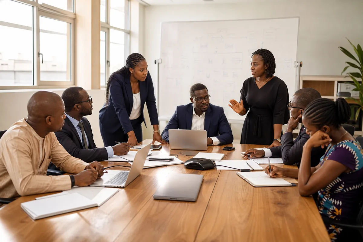 Consultants animant un atelier de diagnostic avec la direction d'une entreprise