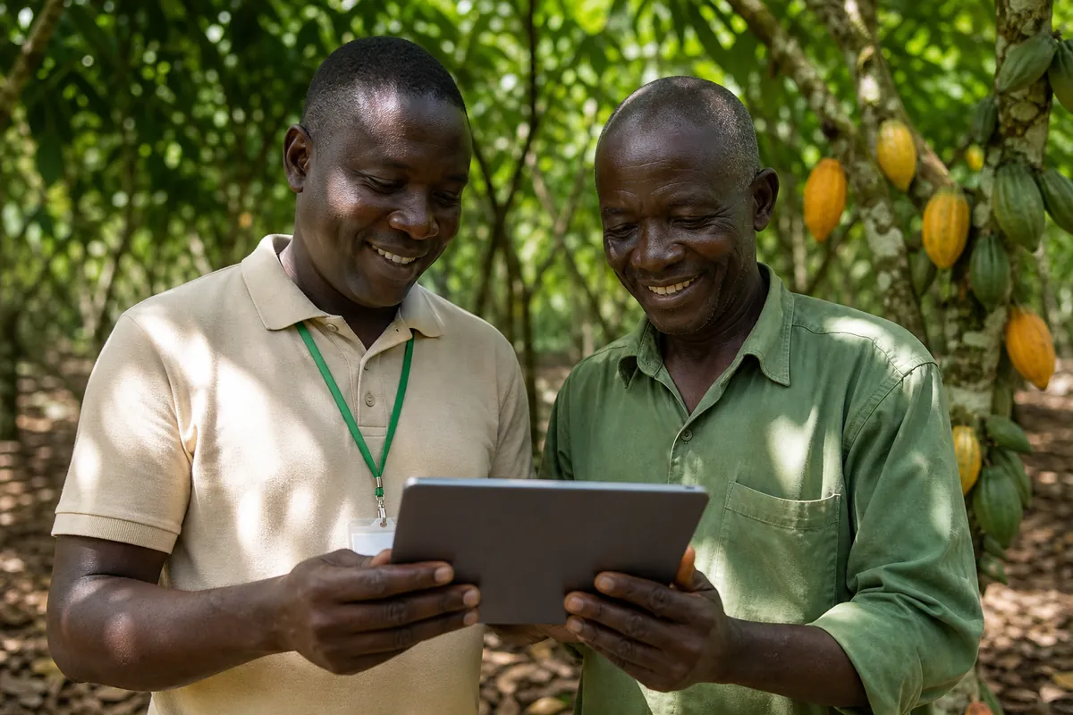 Agent de coopérative et planteur consultant une tablette dans une cacaoyère