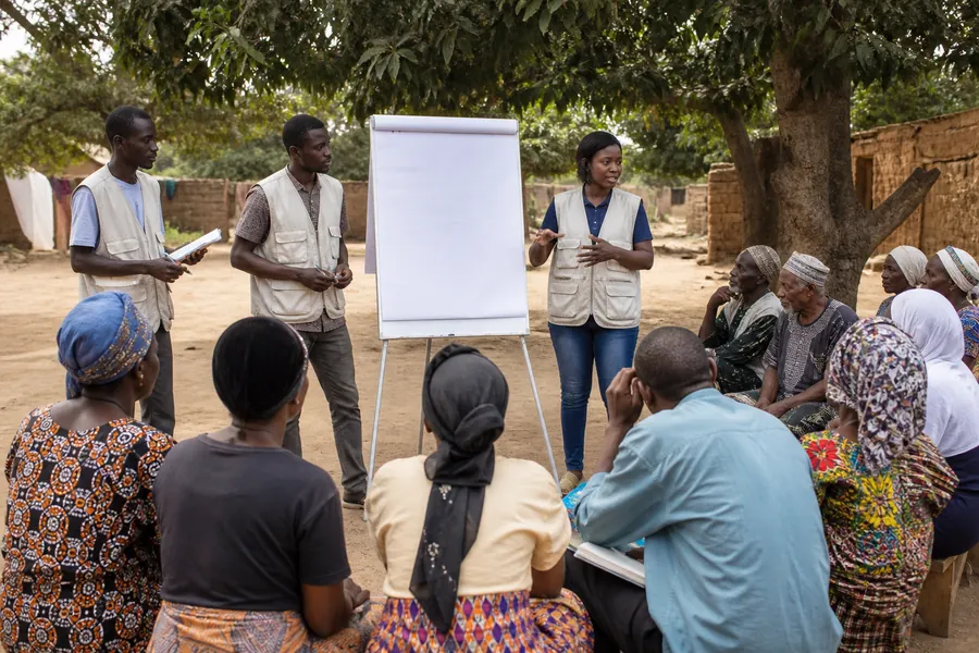 Animateurs d'une association en réunion avec les habitants d'un village